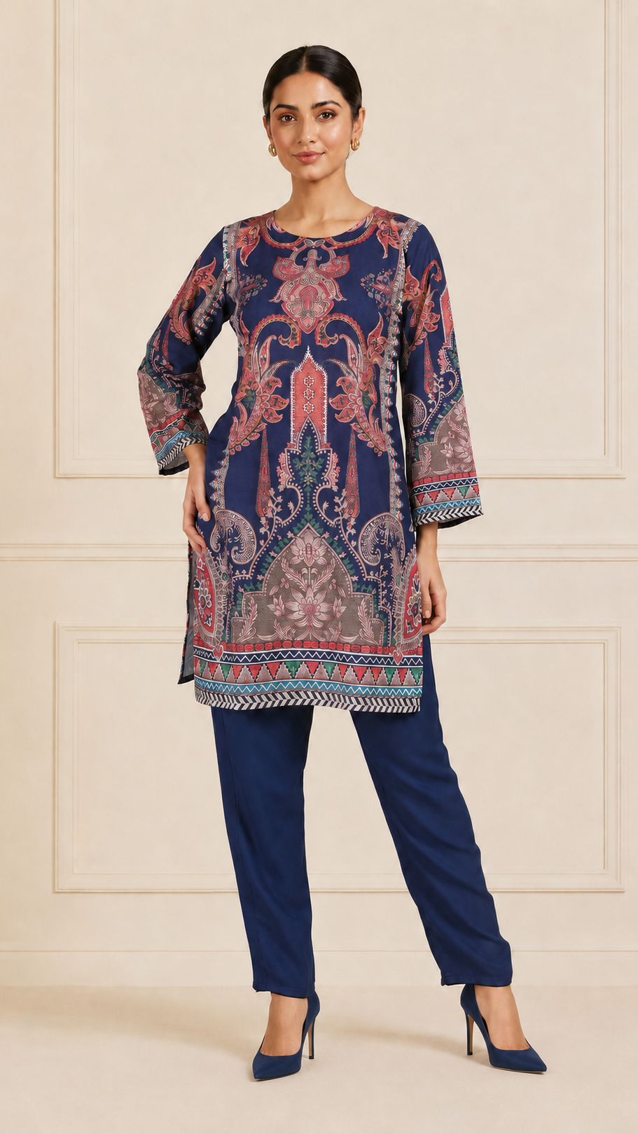 Navy blue women’s paisley printed salwar kameez suit with matching trousers and sheer dupatta, modest Asian ethnic wear by Diya Online