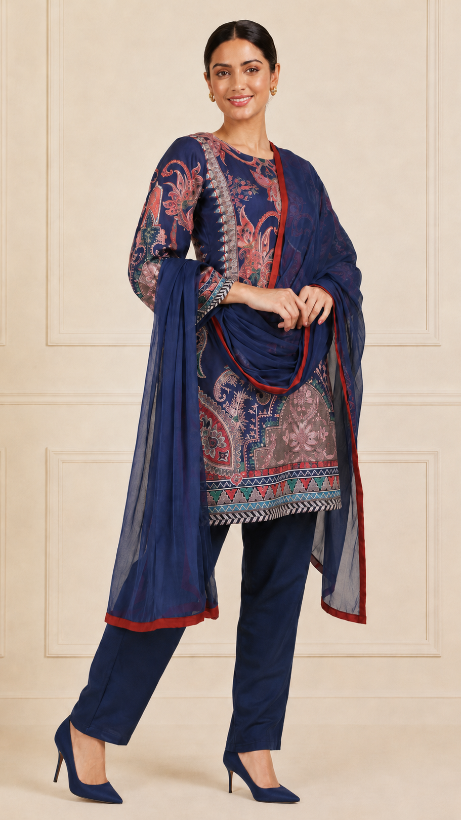Navy blue women’s paisley printed salwar kameez suit with matching trousers and sheer dupatta, modest Asian ethnic wear by Diya Online