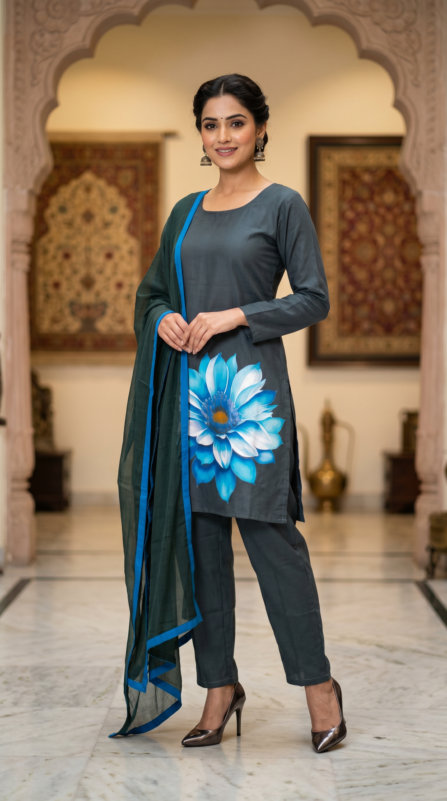 Black Floral Printed Rayon Suit Set