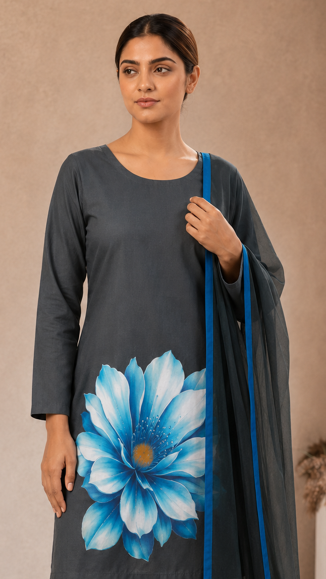 Buy heavy dark teal floral kurta trouser set with matching dupatta online at Diya Online