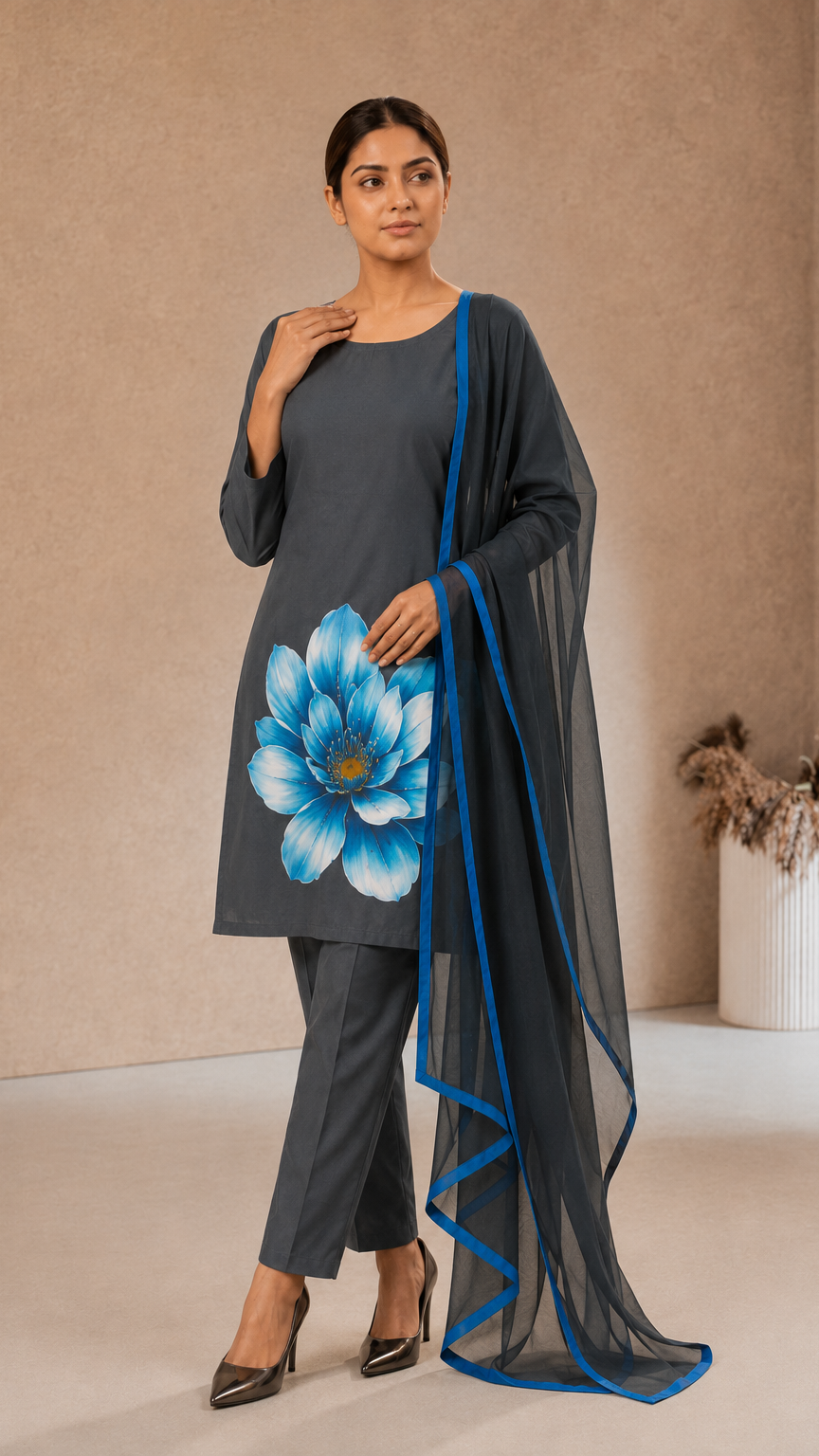 Buy heavy dark teal floral kurta trouser set with matching dupatta online at Diya Online