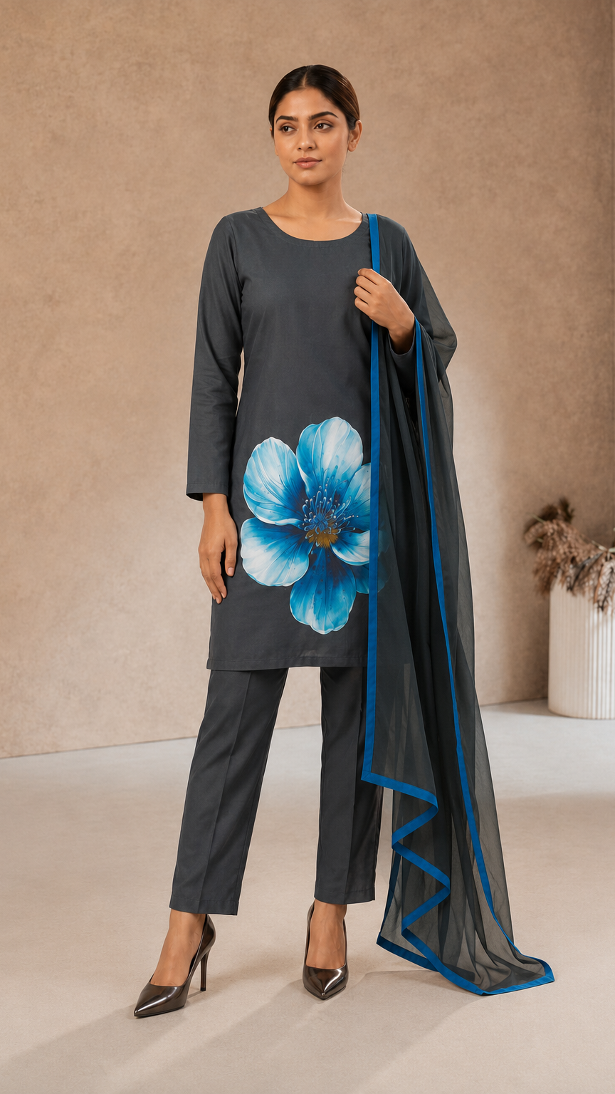 Buy heavy dark teal floral kurta trouser set with matching dupatta online at Diya Online