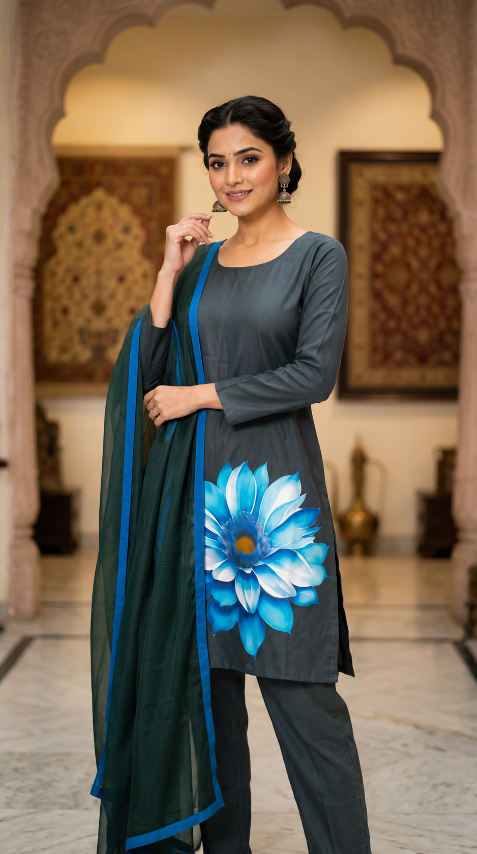 Black Floral Printed Rayon Suit Set