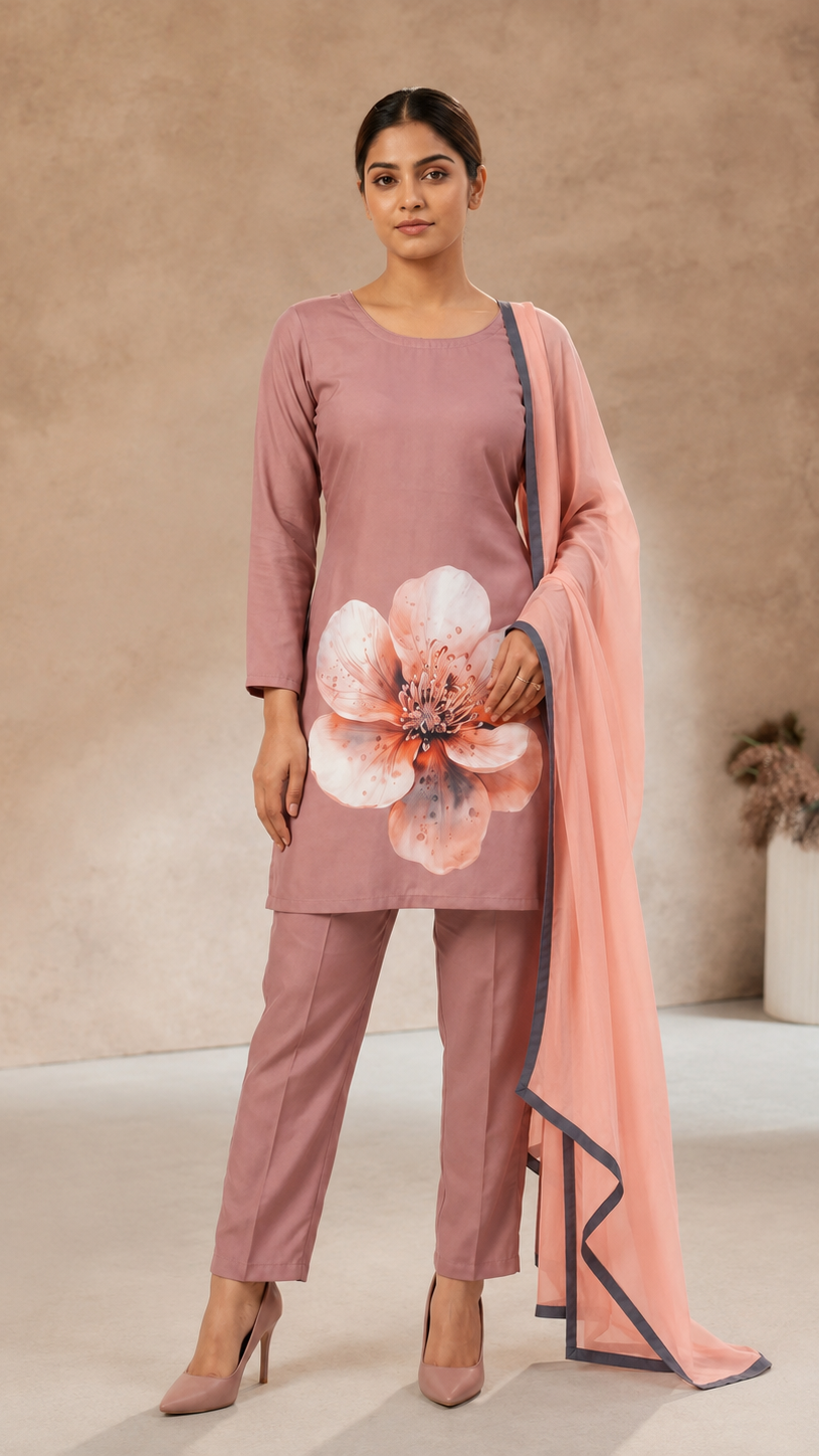 Buy heavy dusty pink floral kurta trouser set with contrast dupatta online at Diya Online