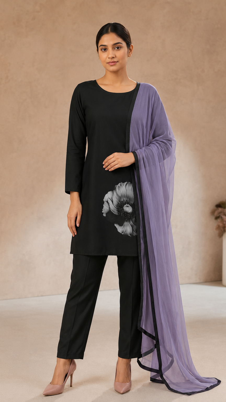 Black salwar kameez with grey floral print and lilac dupatta – Diya Online