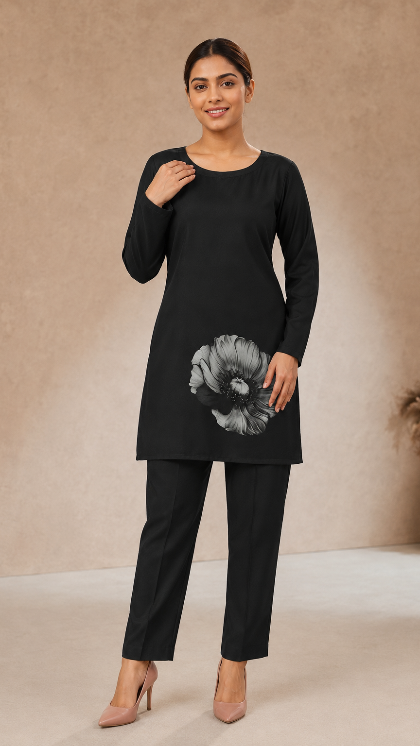 Black salwar kameez with grey floral print and lilac dupatta – Diya Online