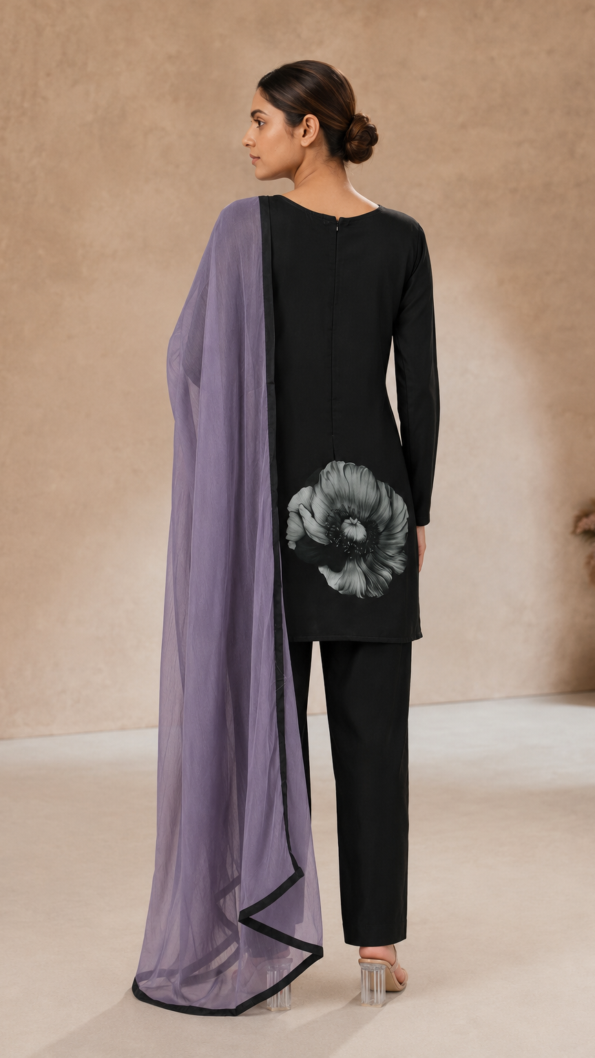 Black salwar kameez with grey floral print and lilac dupatta – Diya Online