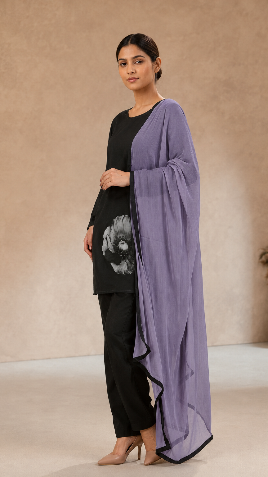 Black salwar kameez with grey floral print and lilac dupatta – Diya Online