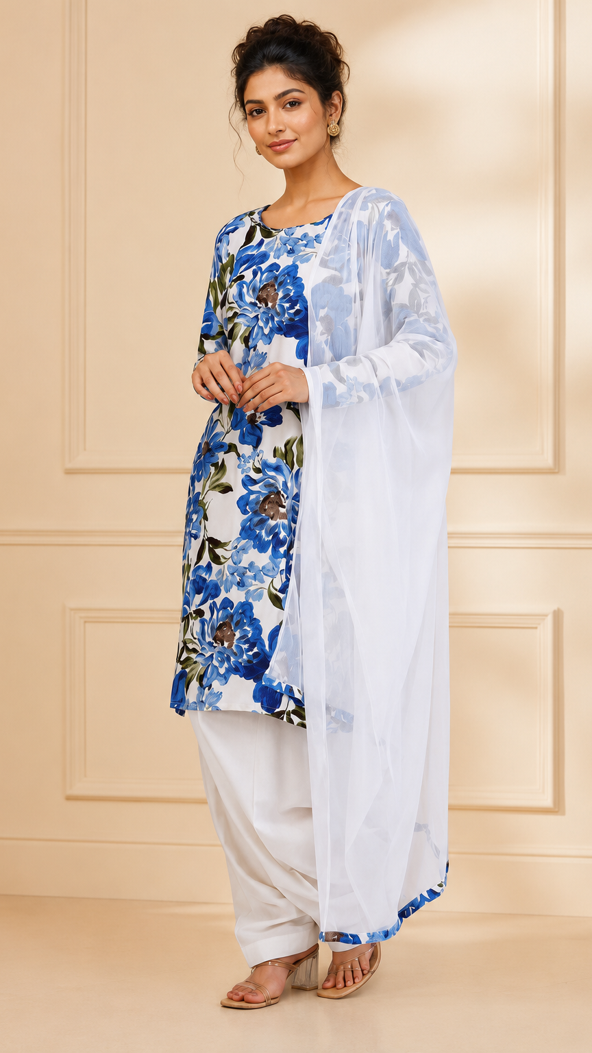 White salwar kameez with blue floral print and matching dupatta – Diya Online
