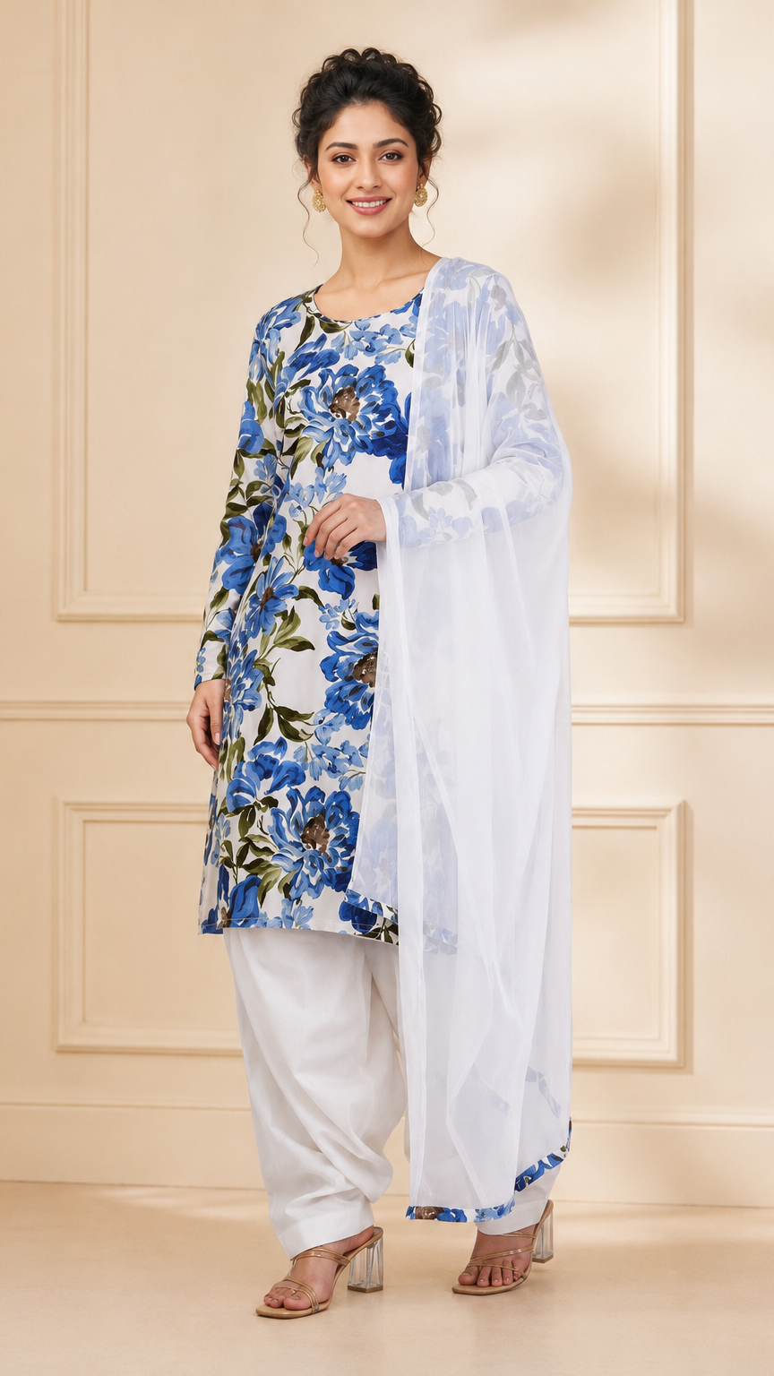 White salwar kameez with blue floral print and matching dupatta – Diya Online