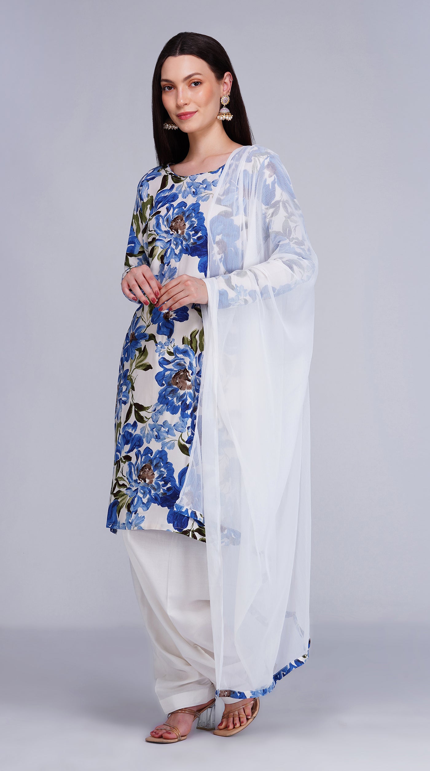 White Rayon Straight Cut Salwar Suit Set with Chiffon Dupatta