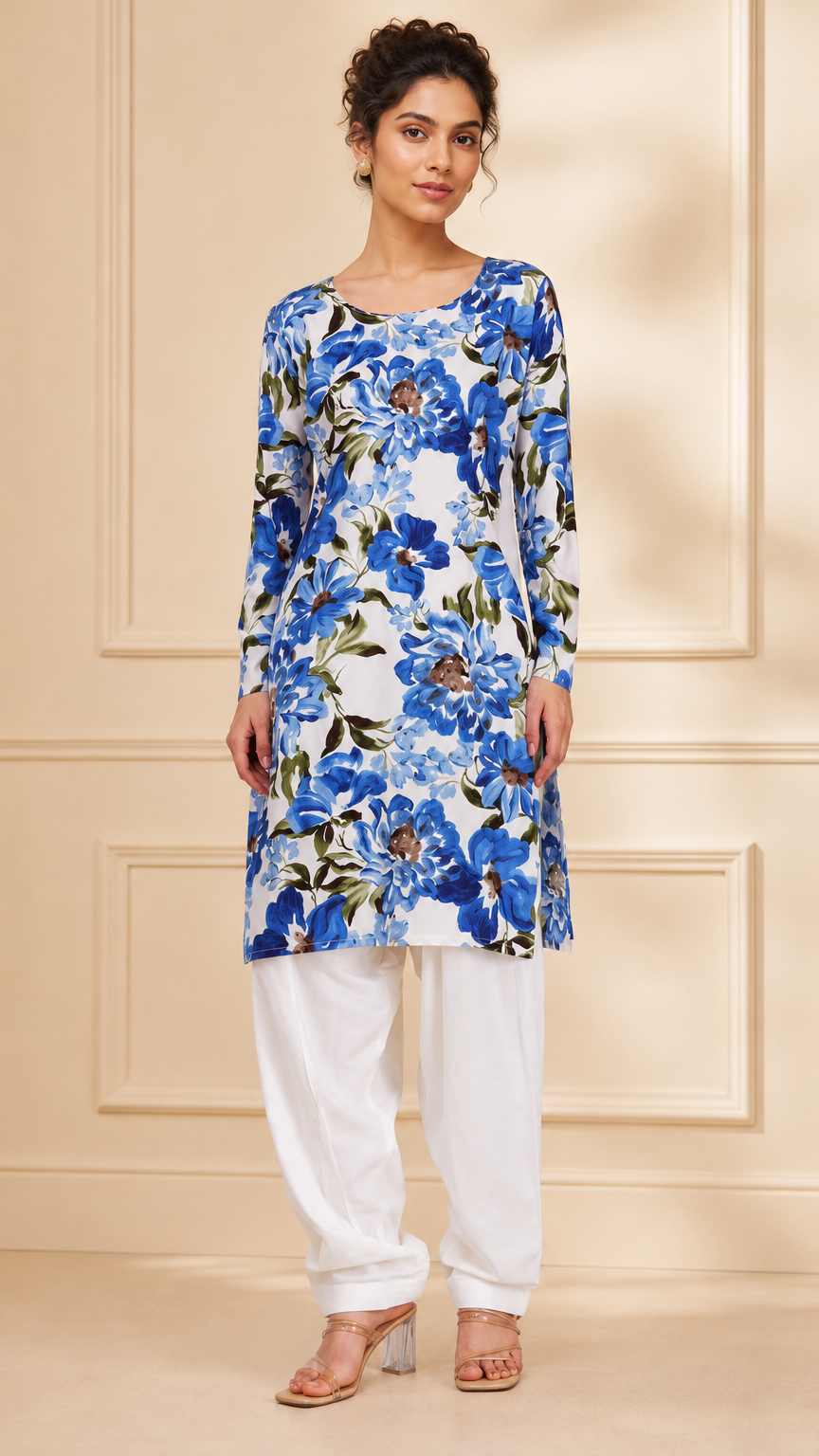 White salwar kameez with blue floral print and matching dupatta – Diya Online