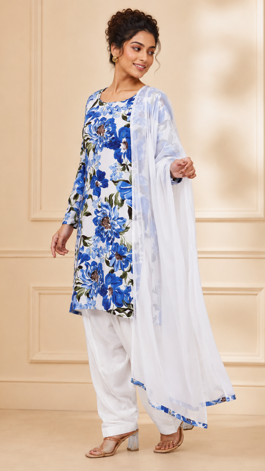 White salwar kameez with blue floral print and matching dupatta – Diya Online
