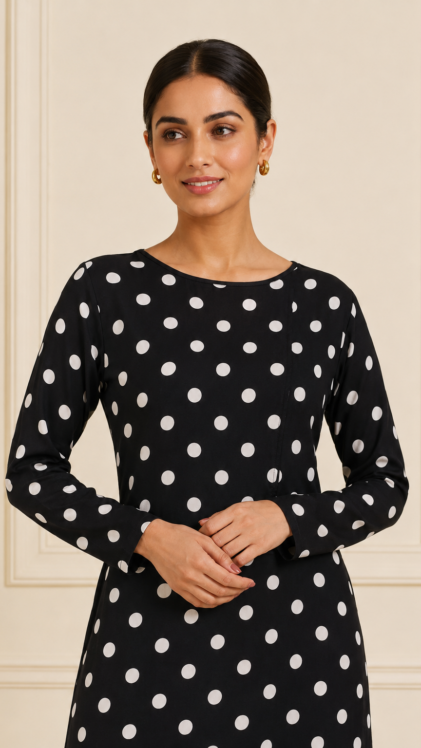Black polka dot salwar kameez with sheer black dupatta – Diya Online