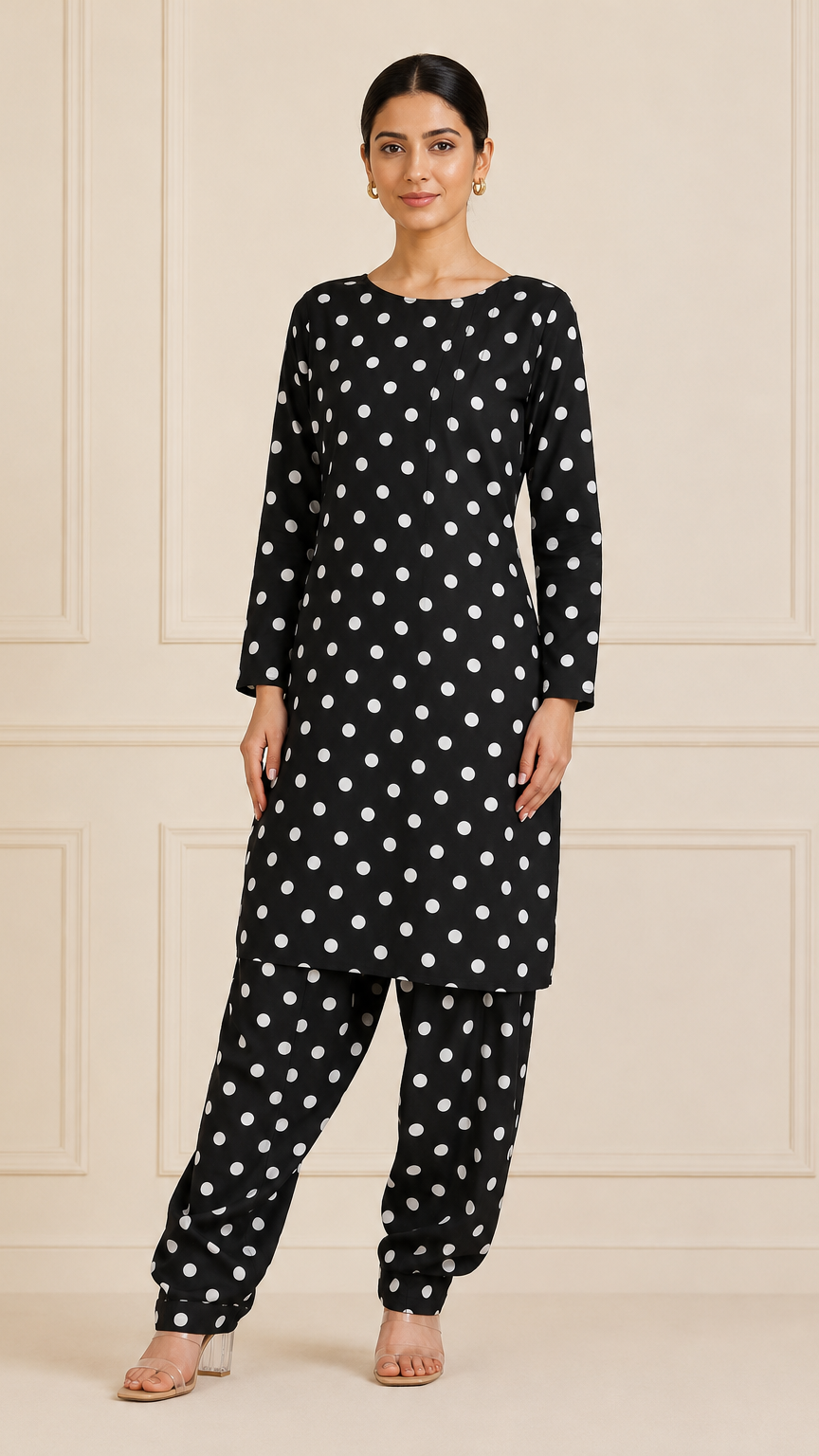 Black polka dot salwar kameez with sheer black dupatta – Diya Online
