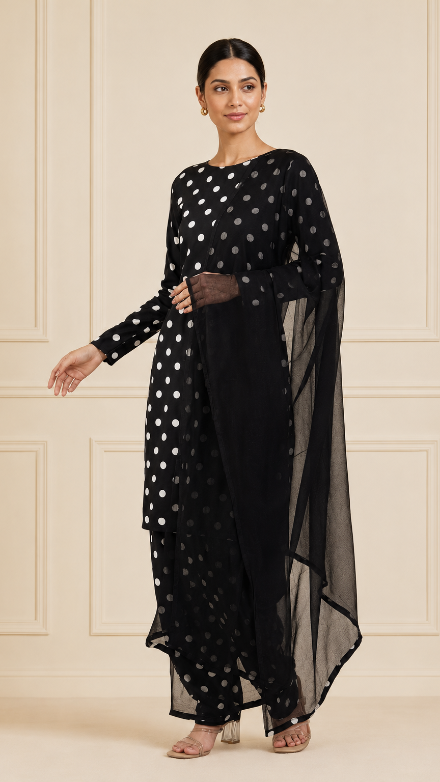Black polka dot salwar kameez with sheer black dupatta – Diya Online