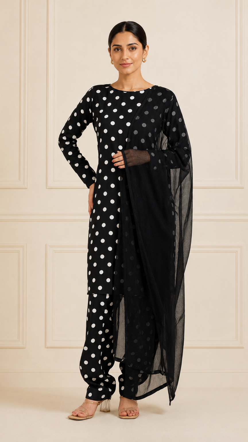 Black polka dot salwar kameez with sheer black dupatta – Diya Online