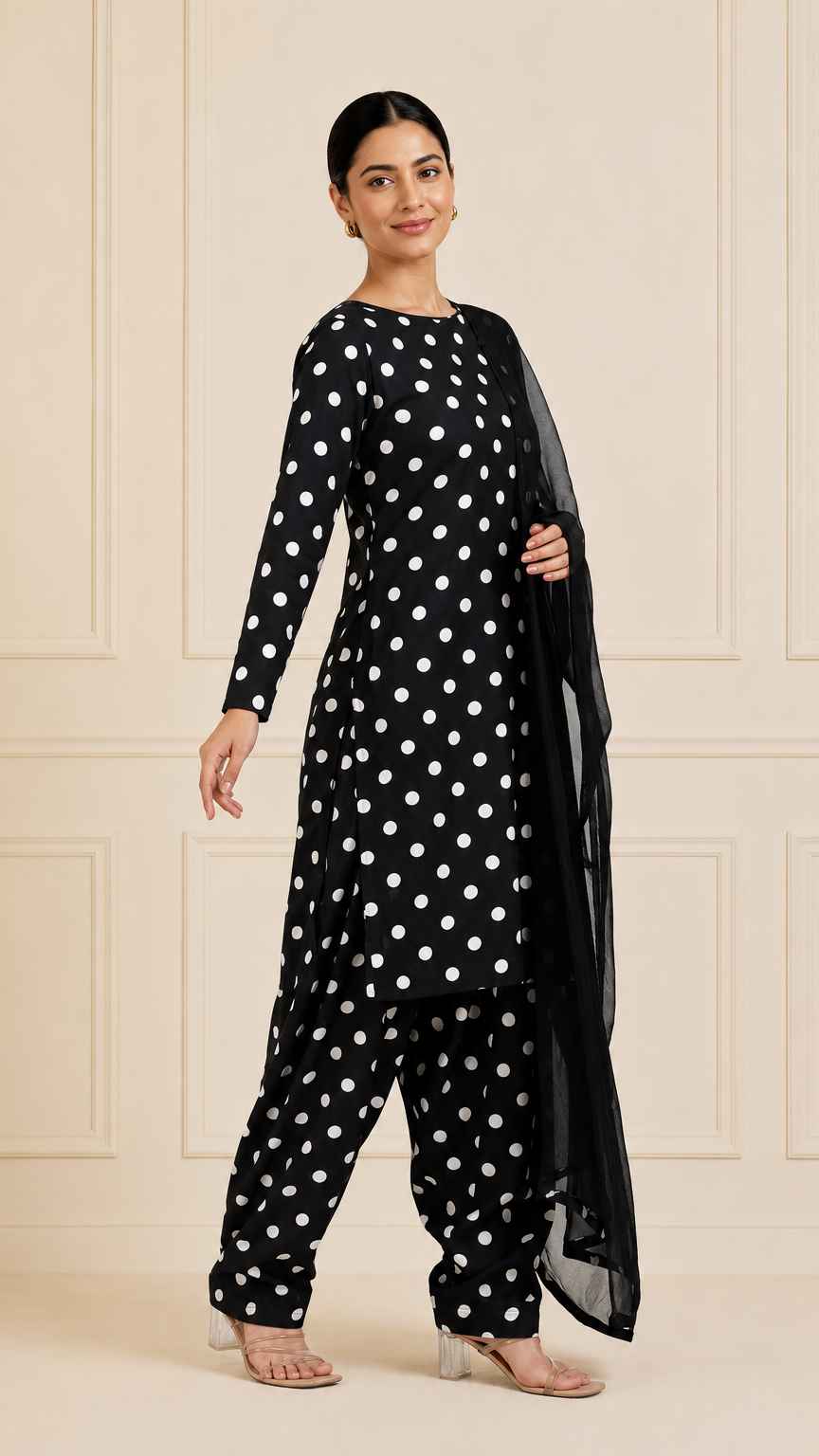 Black polka dot salwar kameez with sheer black dupatta – Diya Online