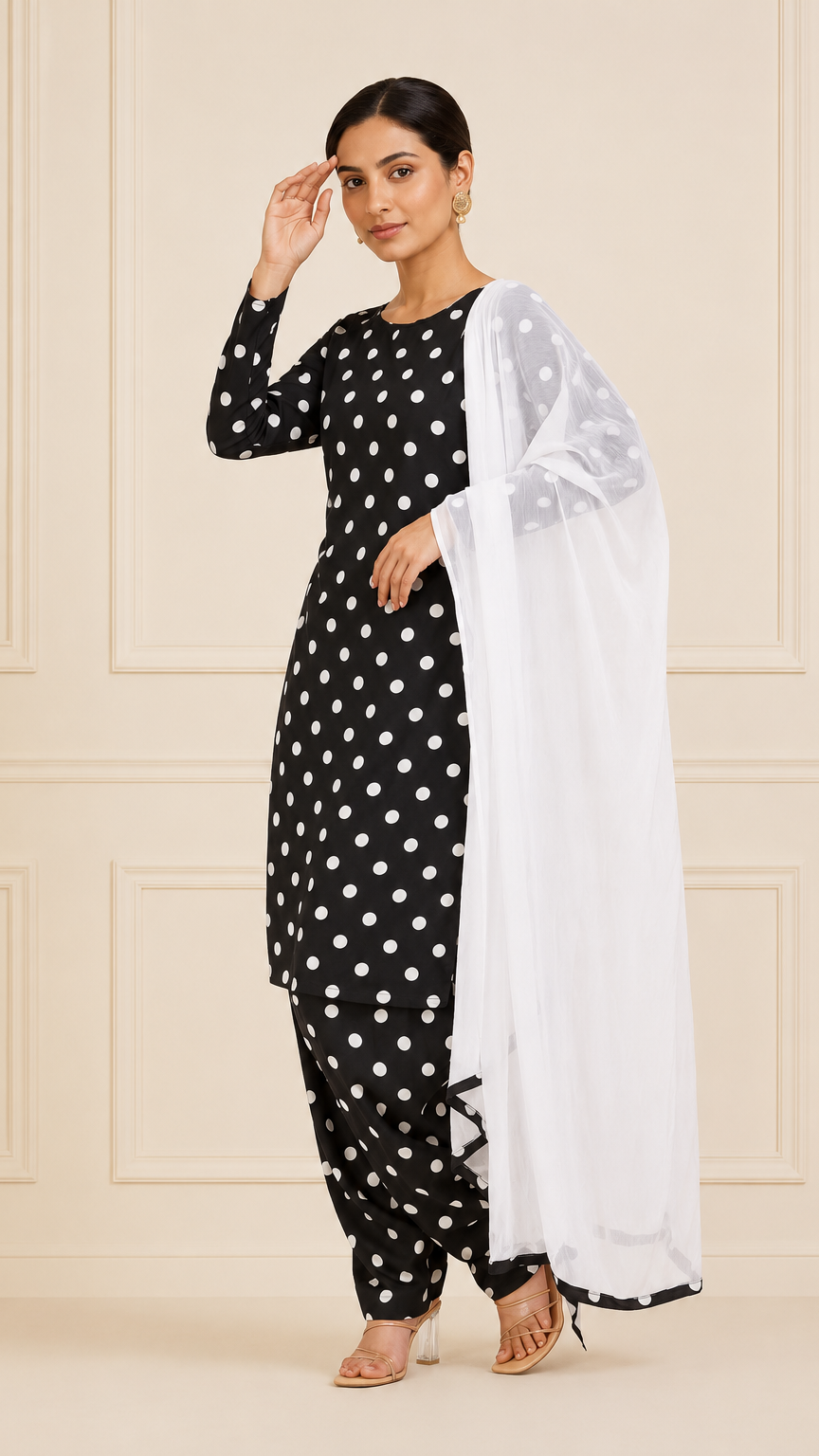 Black and white polka dot salwar kameez with white dupatta – Diya Online