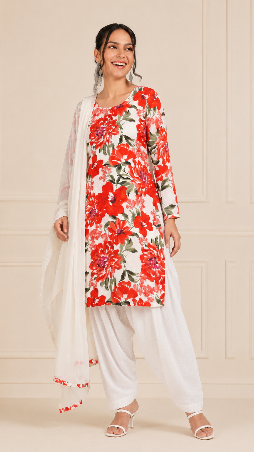 Woman wearing a white kurta set with red floral print, white salwar trousers and matching dupatta – Diya Online ethnic wear.