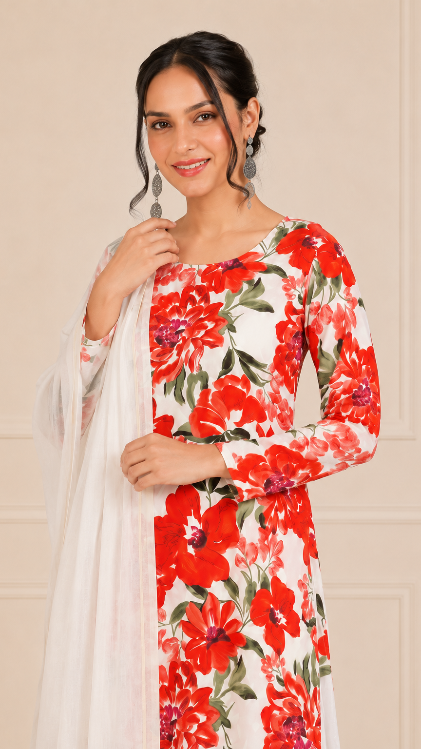 Woman wearing a white kurta set with red floral print, white salwar trousers and matching dupatta – Diya Online ethnic wear.
