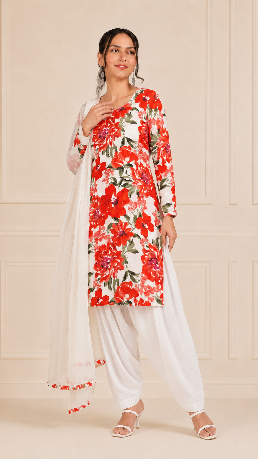 Woman wearing a white kurta set with red floral print, white salwar trousers and matching dupatta – Diya Online ethnic wear.