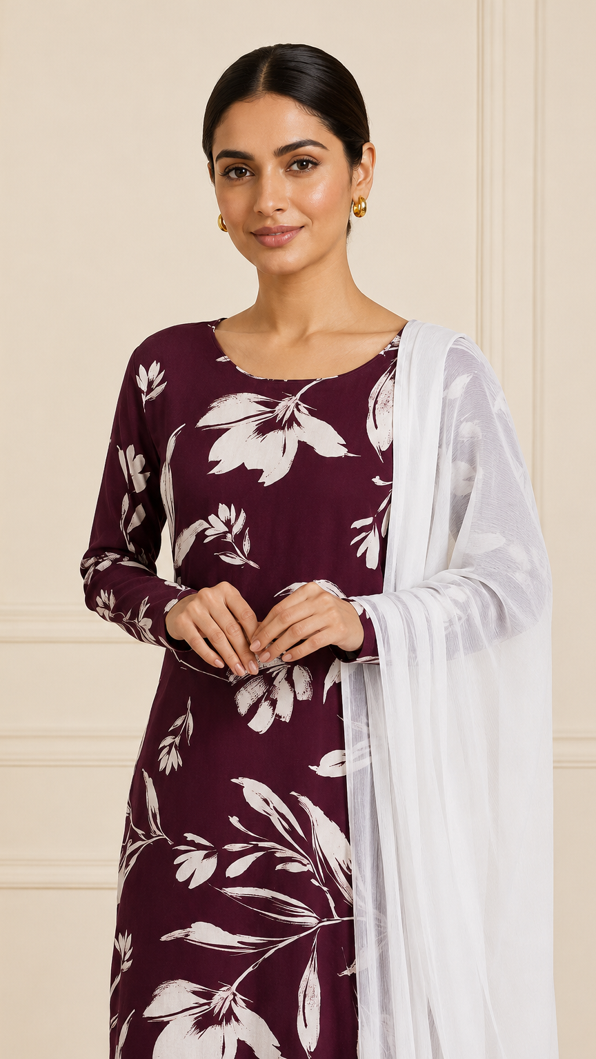 Maroon and white floral salwar kameez with white dupatta – Diya Online