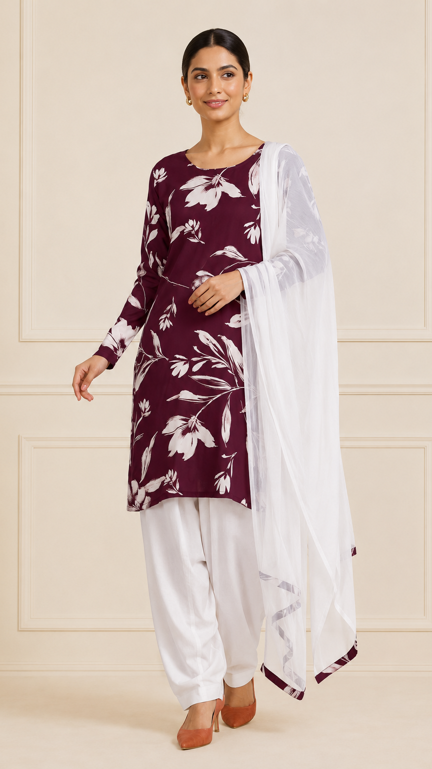 Maroon and white floral salwar kameez with white dupatta – Diya Online