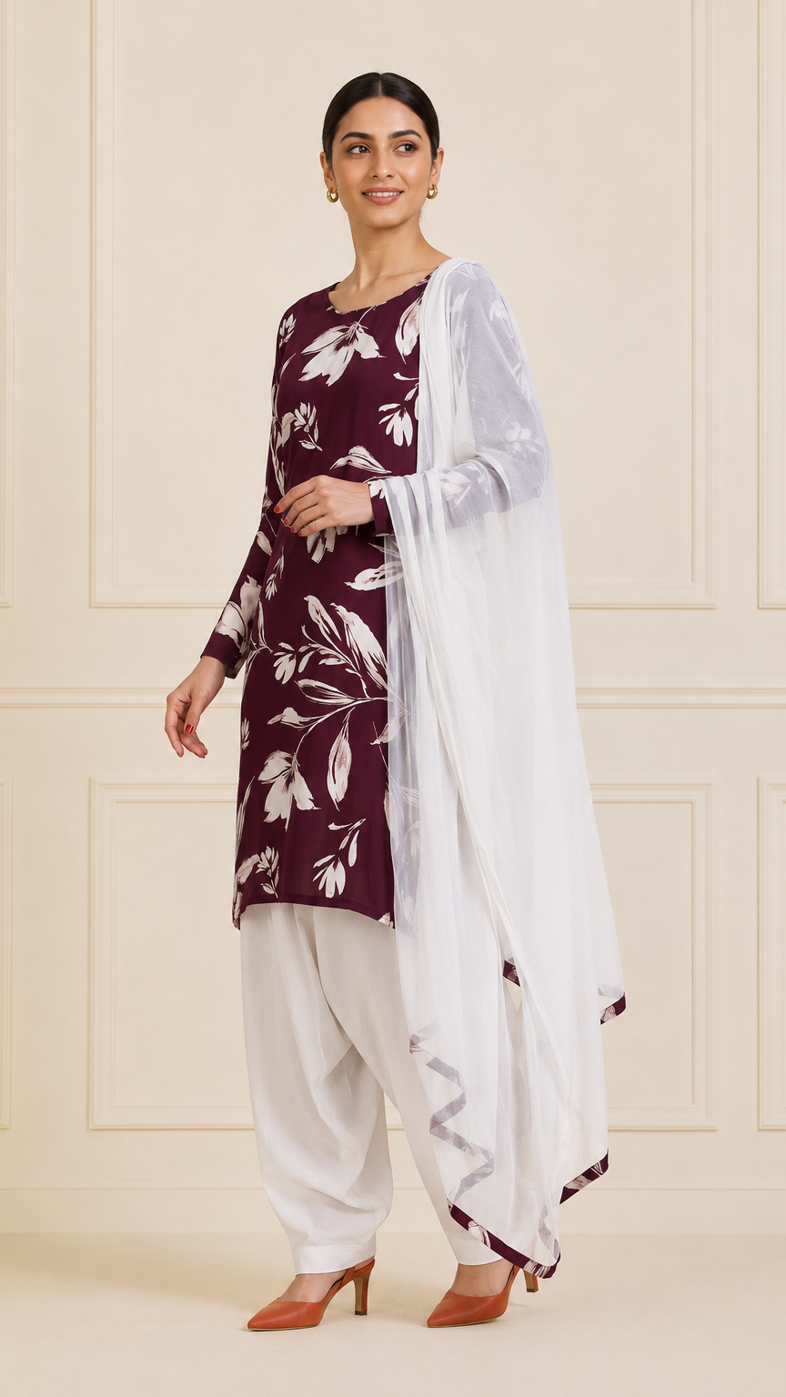 Maroon and white floral salwar kameez with white dupatta – Diya Online