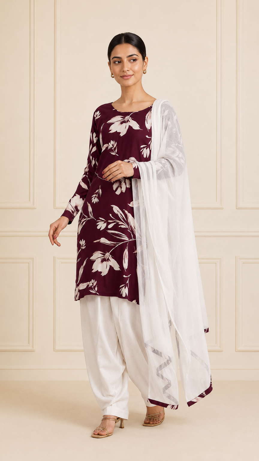 Maroon and white floral salwar kameez with white dupatta – Diya Online