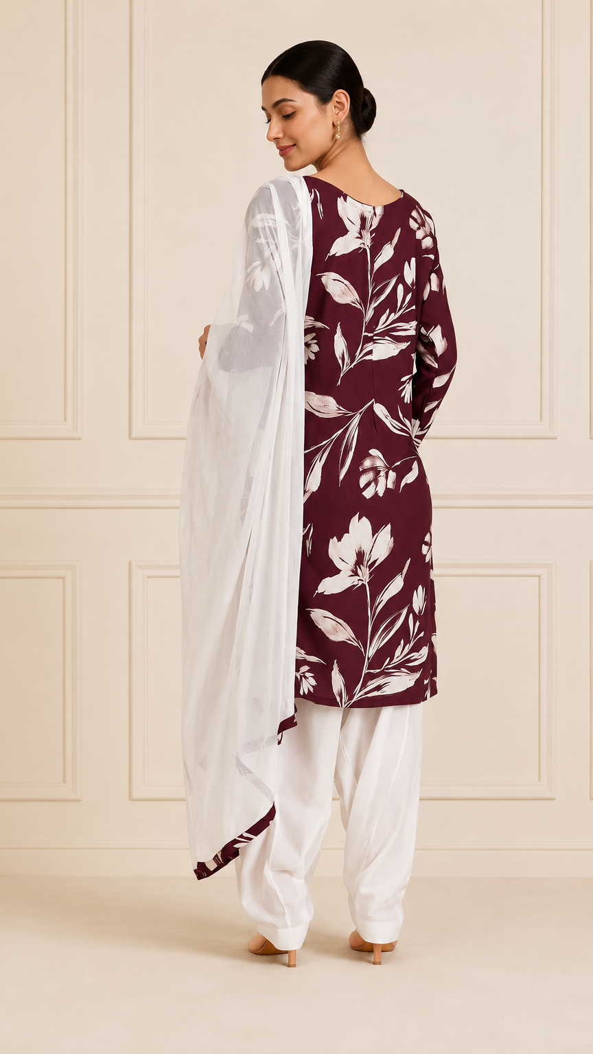 Maroon and white floral salwar kameez with white dupatta – Diya Online
