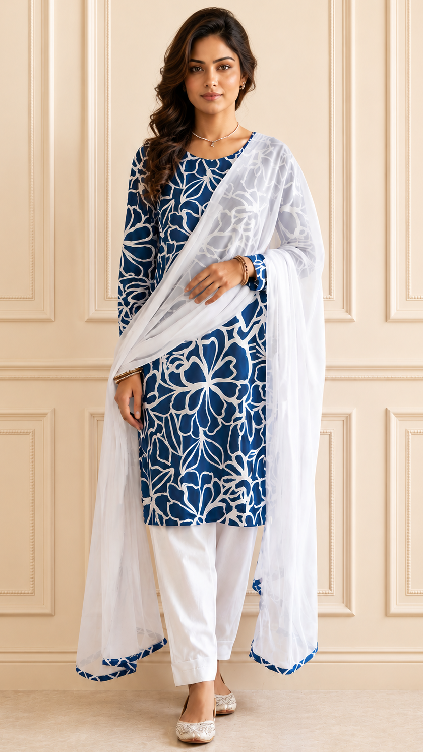 Blue floral printed salwar kameez with white dupatta for women | Diya Online