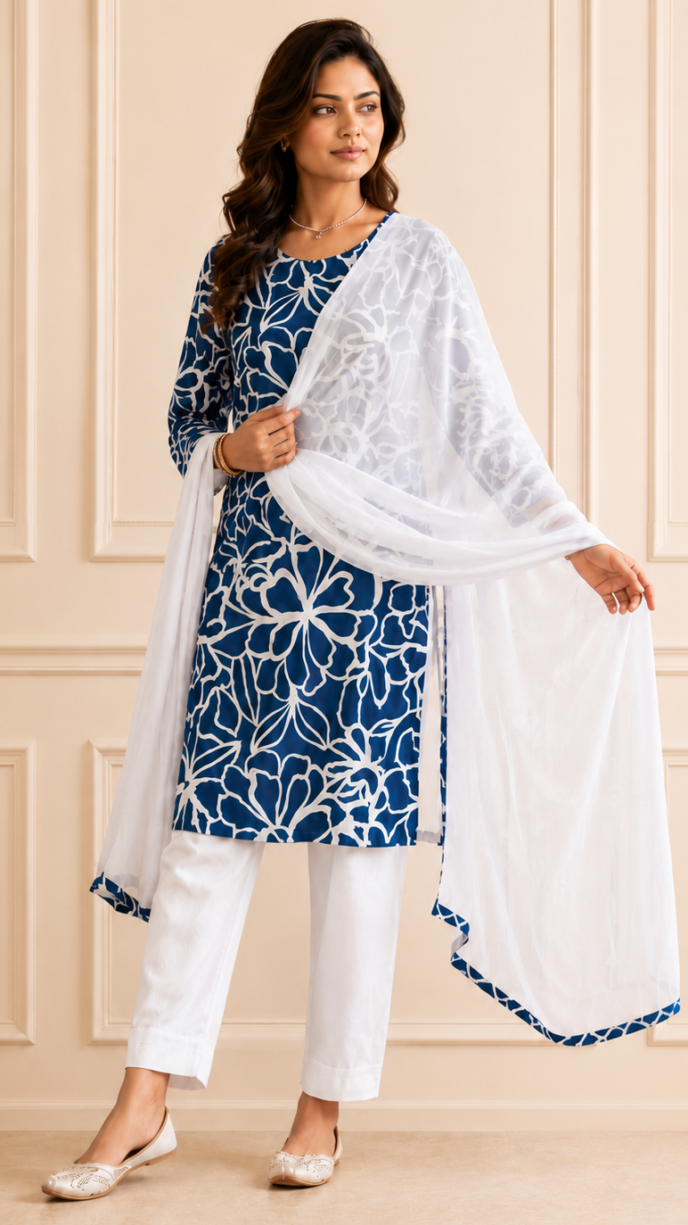 Blue floral printed salwar kameez with white dupatta for women | Diya Online