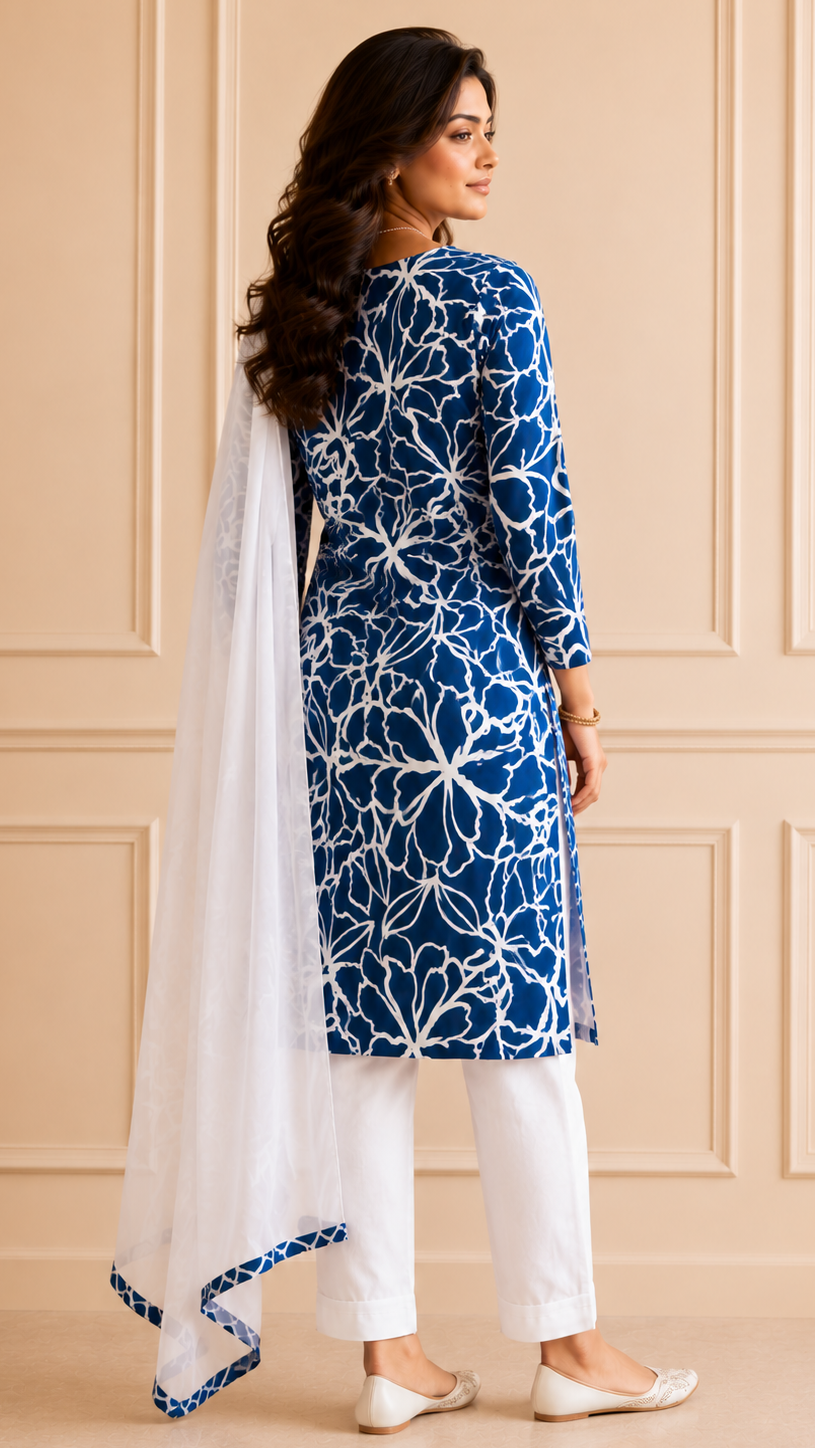 Blue floral printed salwar kameez with white dupatta for women | Diya Online