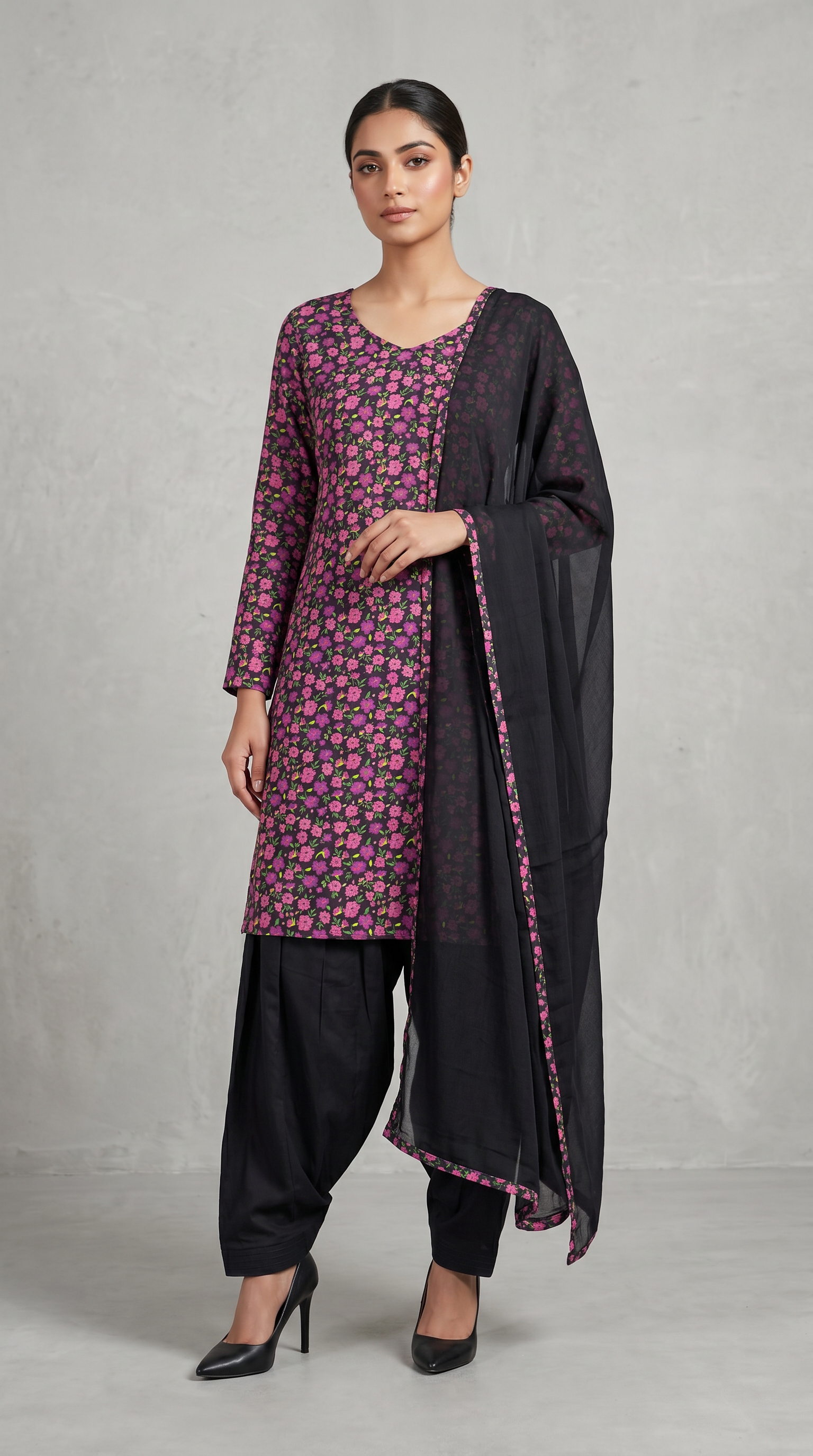 Black Rayon Straight Cut Salwar Suit Set with Pink Chiffon Dupatta