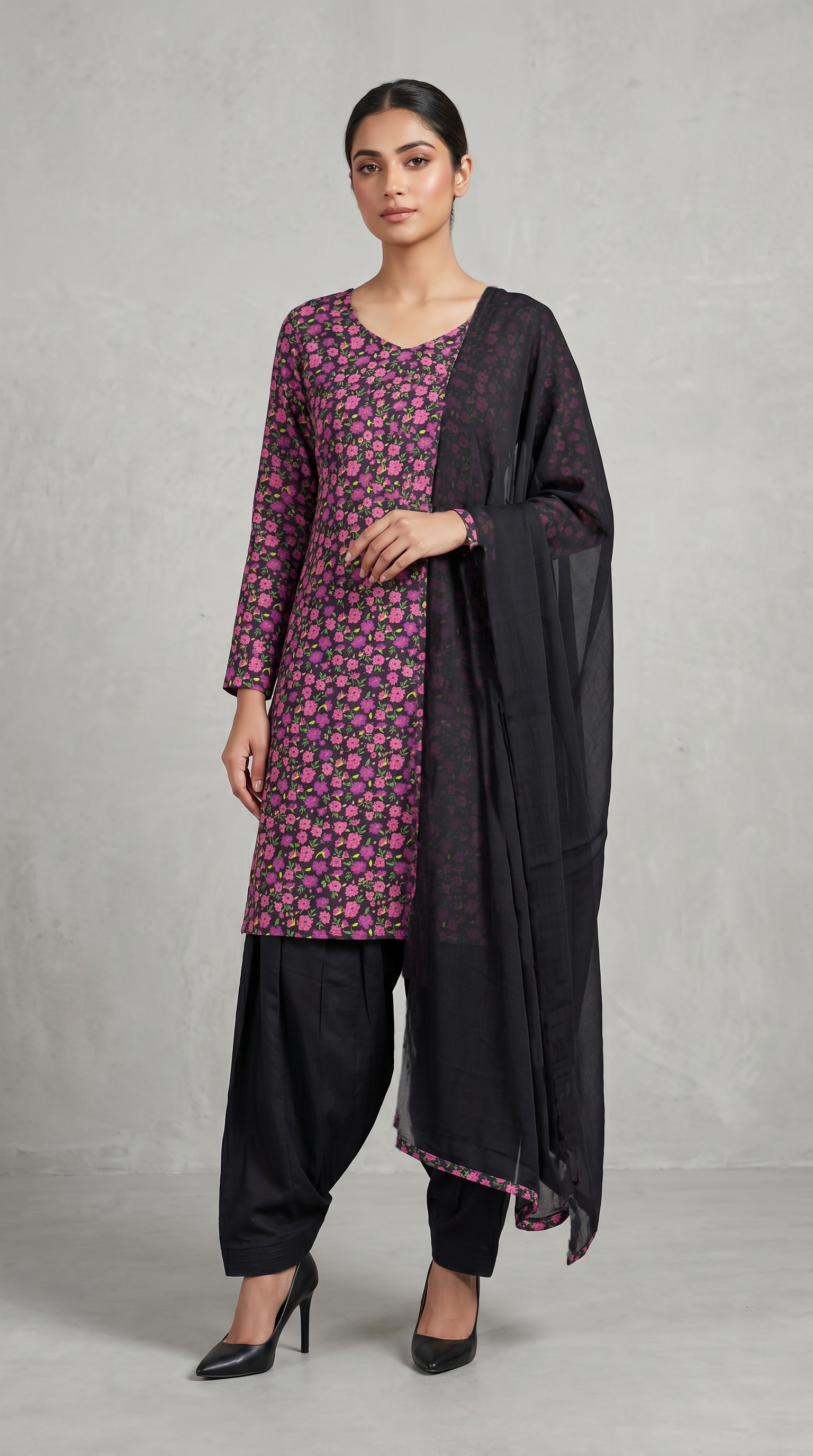 Black Rayon Straight Cut Salwar Suit Set with Pink Chiffon Dupatta