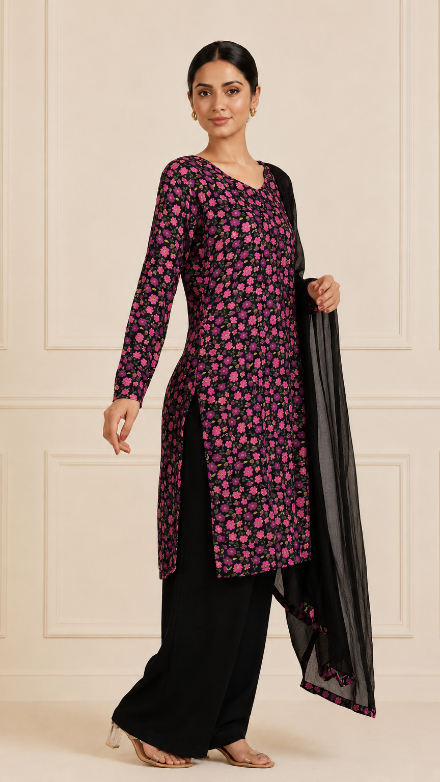 Black floral printed salwar kameez with matching dupatta – Diya Online