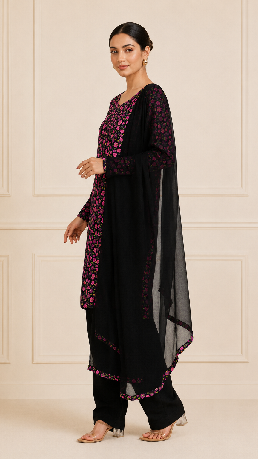 Black floral printed salwar kameez with matching dupatta – Diya Online