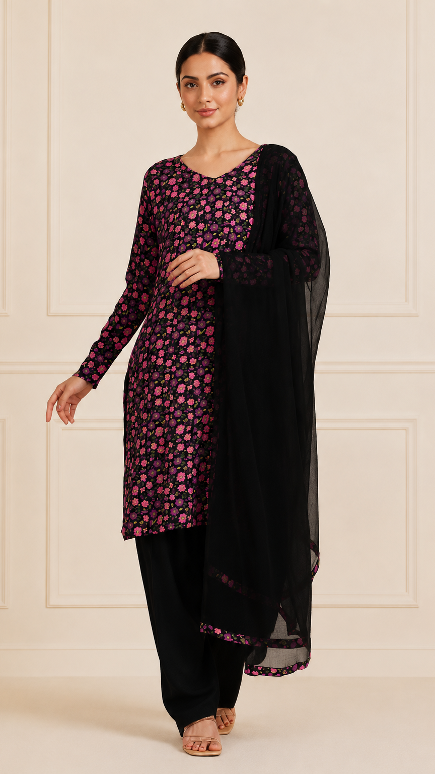Black floral printed salwar kameez with matching dupatta – Diya Online