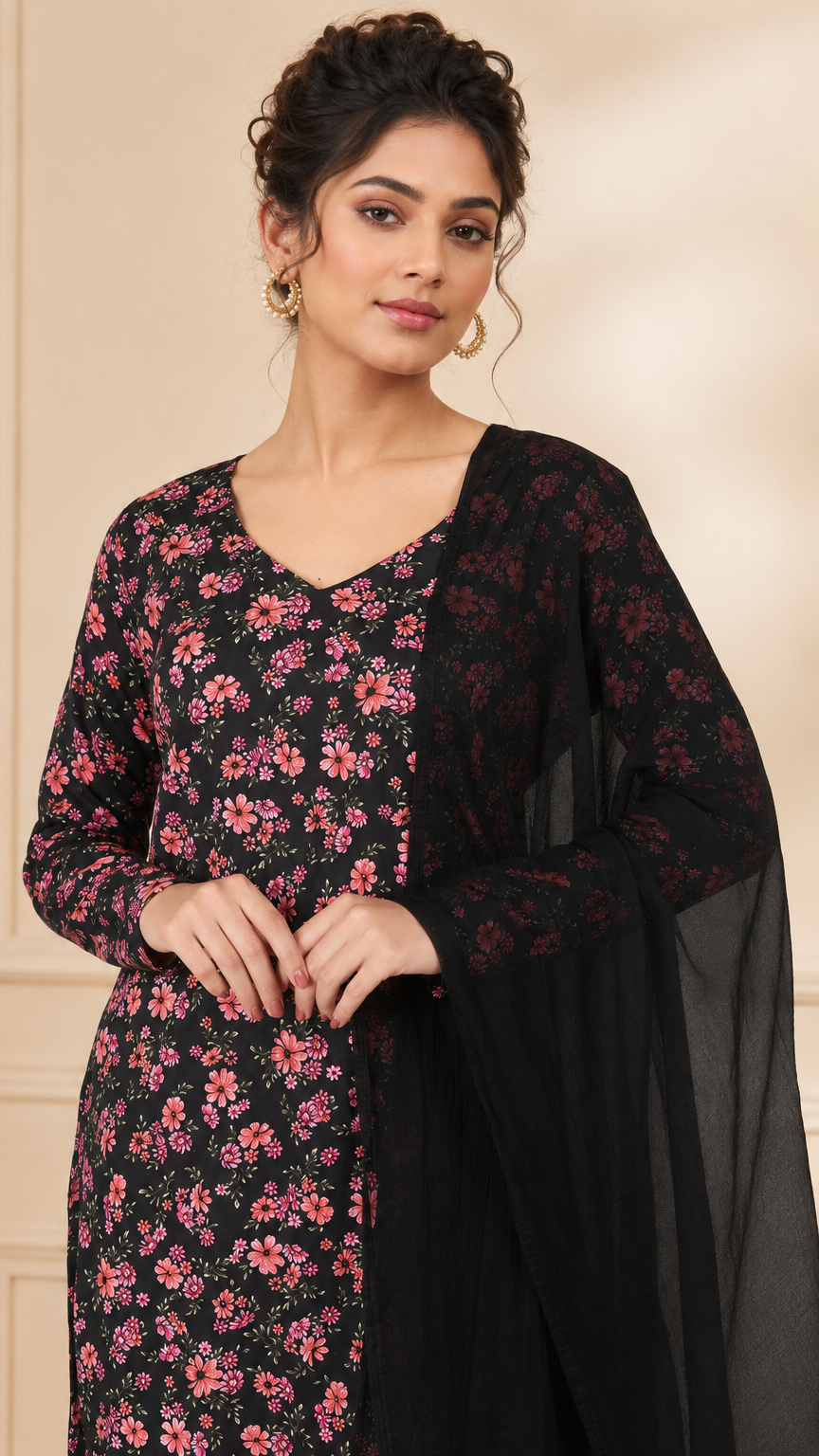 Black women’s floral salwar kameez suit with matching trousers and sheer dupatta, modest Asian ethnic wear outfit by Diya Online
