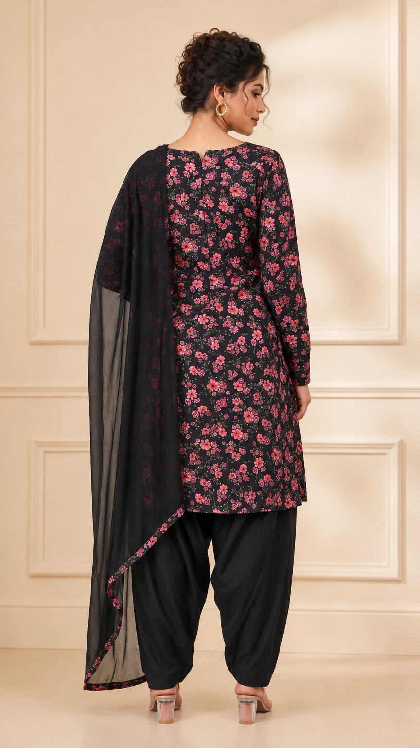 Black women’s floral salwar kameez suit with matching trousers and sheer dupatta, modest Asian ethnic wear outfit by Diya Online