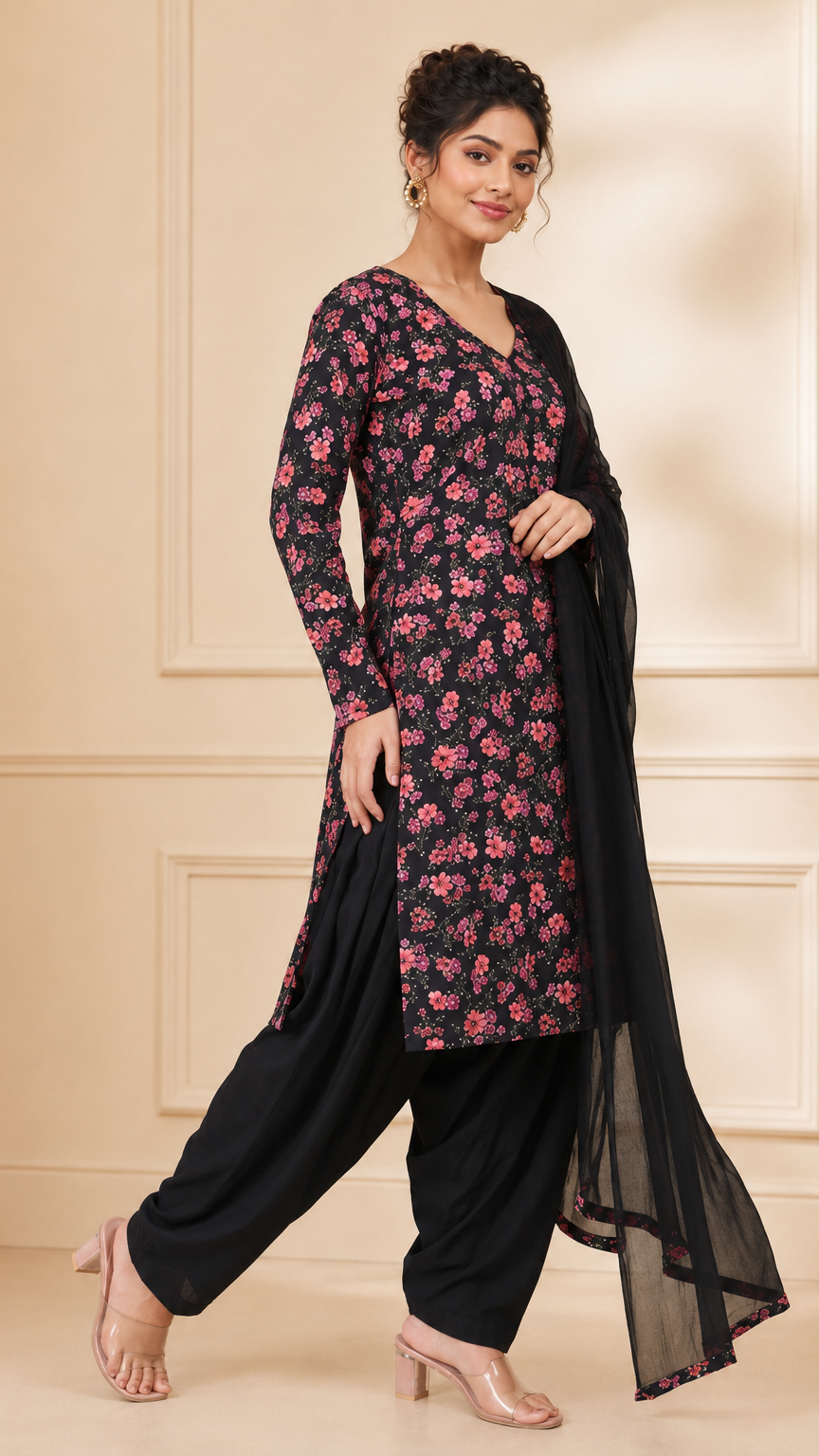 Black women’s floral salwar kameez suit with matching trousers and sheer dupatta, modest Asian ethnic wear outfit by Diya Online