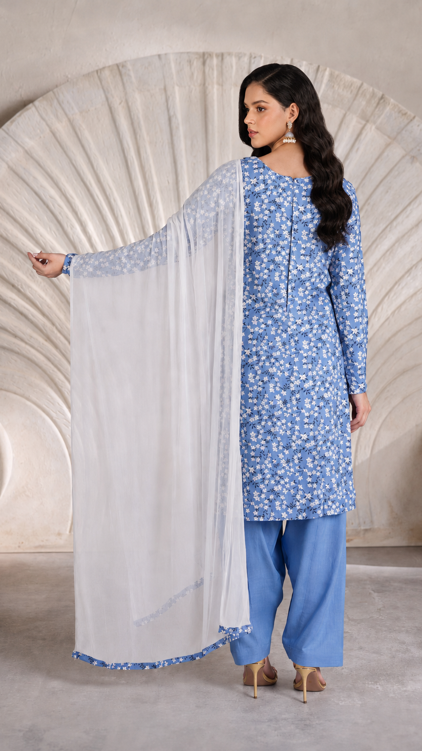 Buy blue floral print Pakistani salwar kameez with matching loose trousers and a white sheer dupatta for women online at Diya Online.