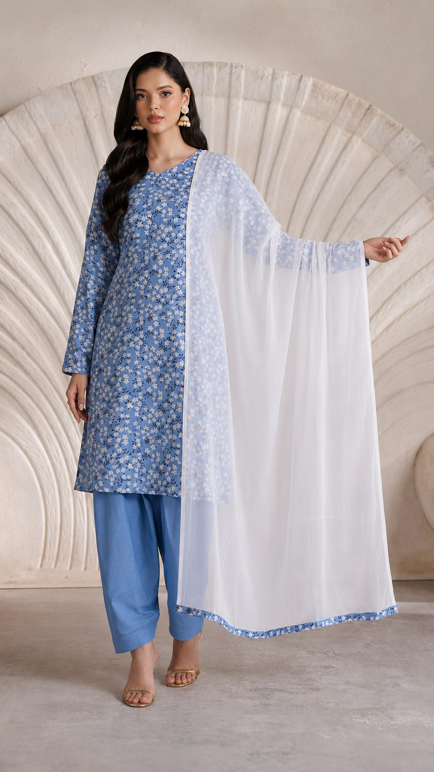 Buy blue floral print Pakistani salwar kameez with matching loose trousers and a white sheer dupatta for women online at Diya Online.
