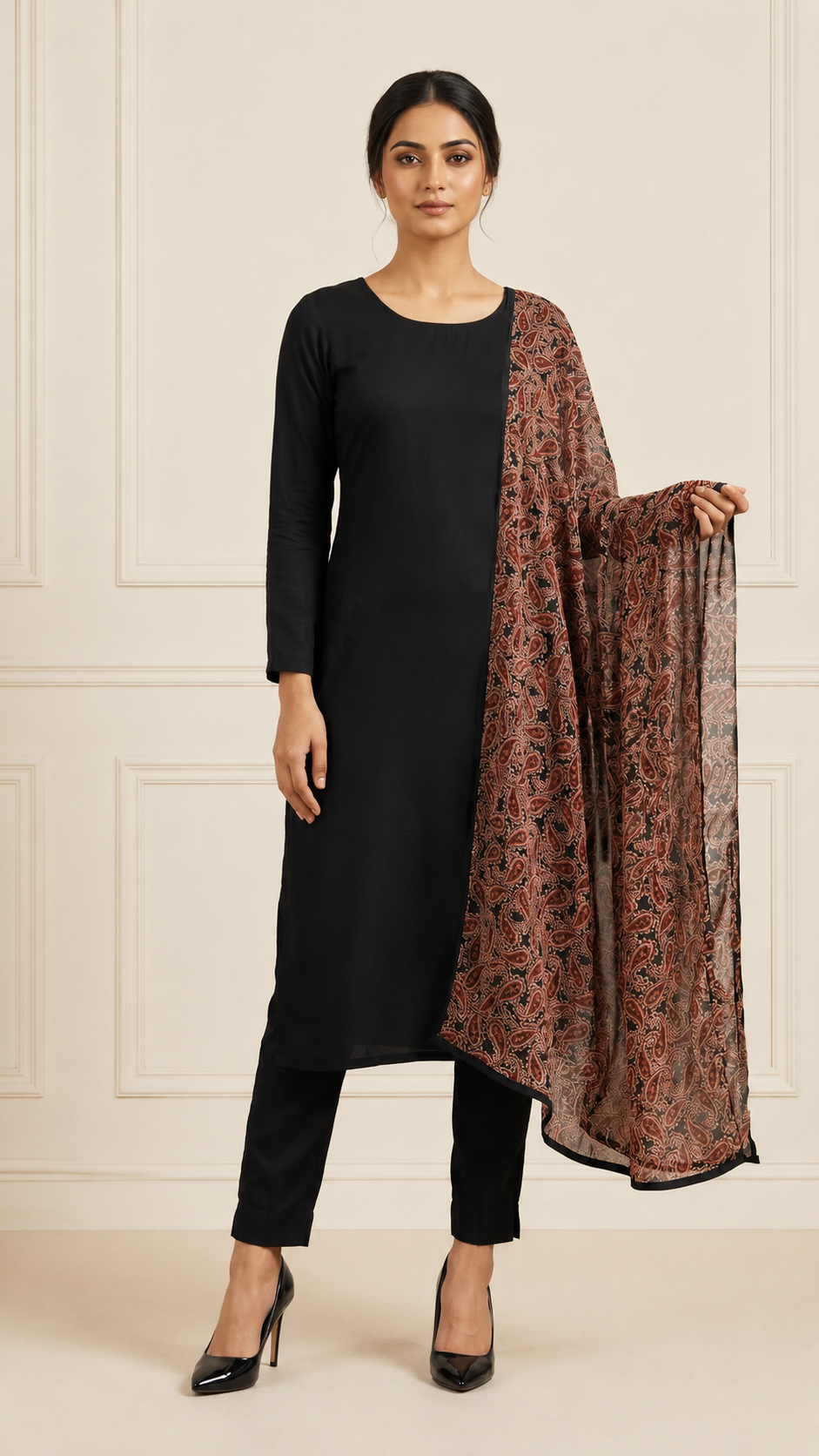 Diya Online designer black kurta set with matching trousers and paisley dupatta for women, comfortable Indian ethnic wear, office wear salwar suit, festive outfit, and traditional occasion attire.