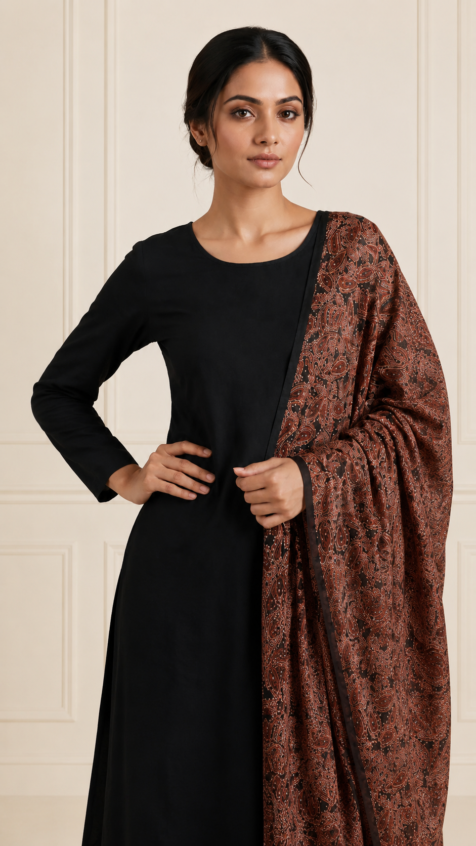 Diya Online designer black kurta set with matching trousers and paisley dupatta for women, comfortable Indian ethnic wear, office wear salwar suit, festive outfit, and traditional occasion attire.