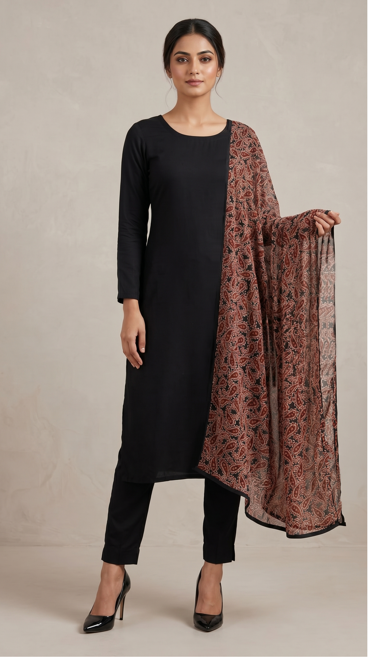 Diya Online designer black kurta set with matching trousers and paisley dupatta for women, comfortable Indian ethnic wear, office wear salwar suit, festive outfit, and traditional occasion attire.