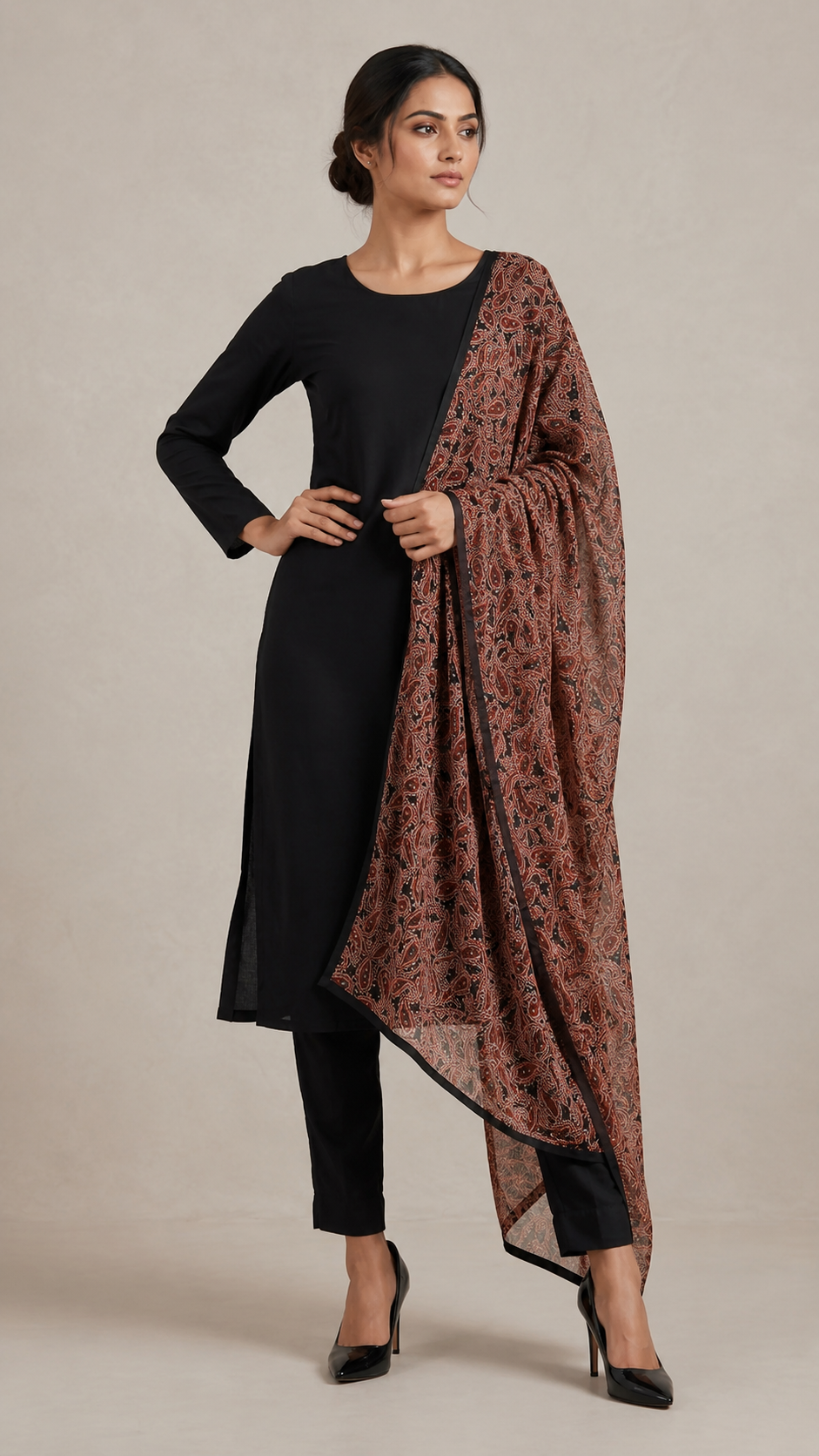 Diya Online designer black kurta set with matching trousers and paisley dupatta for women, comfortable Indian ethnic wear, office wear salwar suit, festive outfit, and traditional occasion attire.