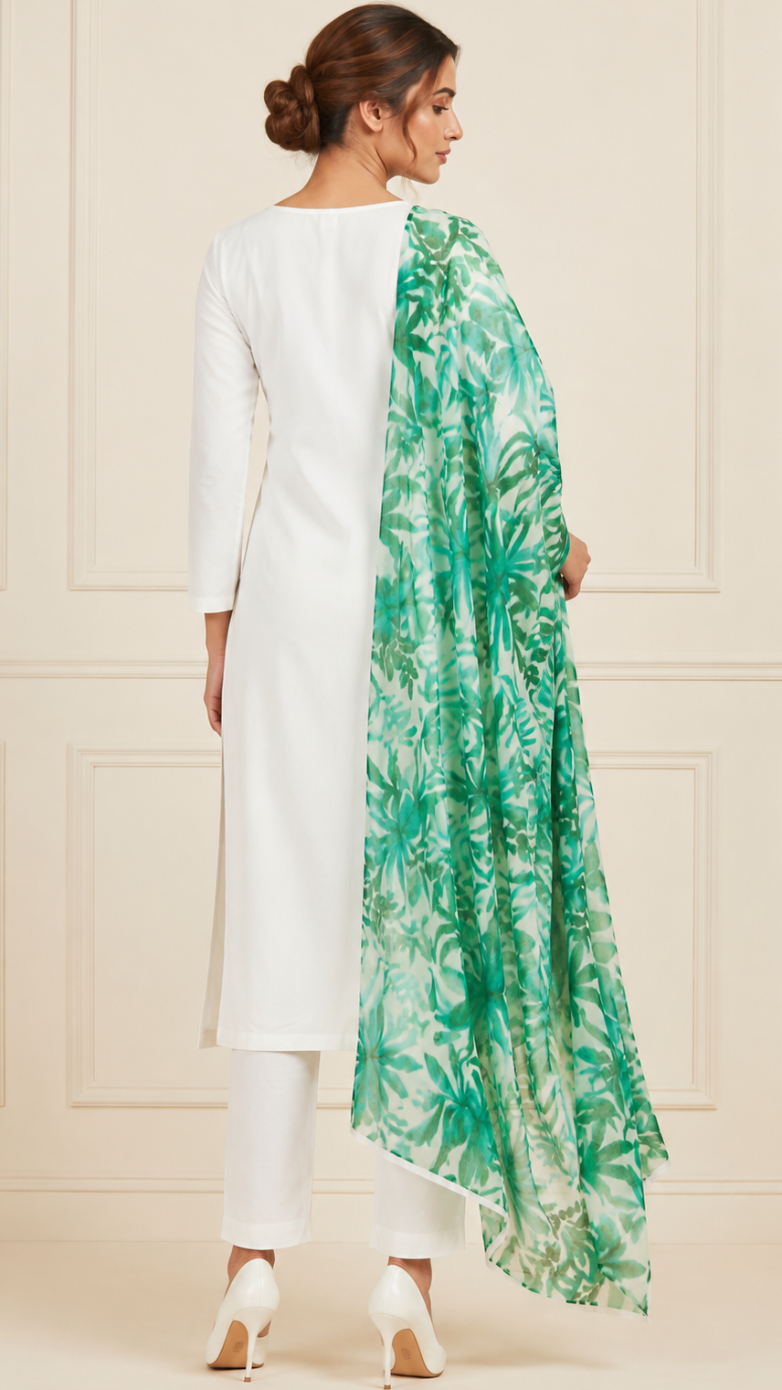 Buy elegant white straight-cut kurta set with green floral printed dupatta for women, premium ethnic wear suit for festive occasions, office wear, casual outings, and summer fashion. Diya Online