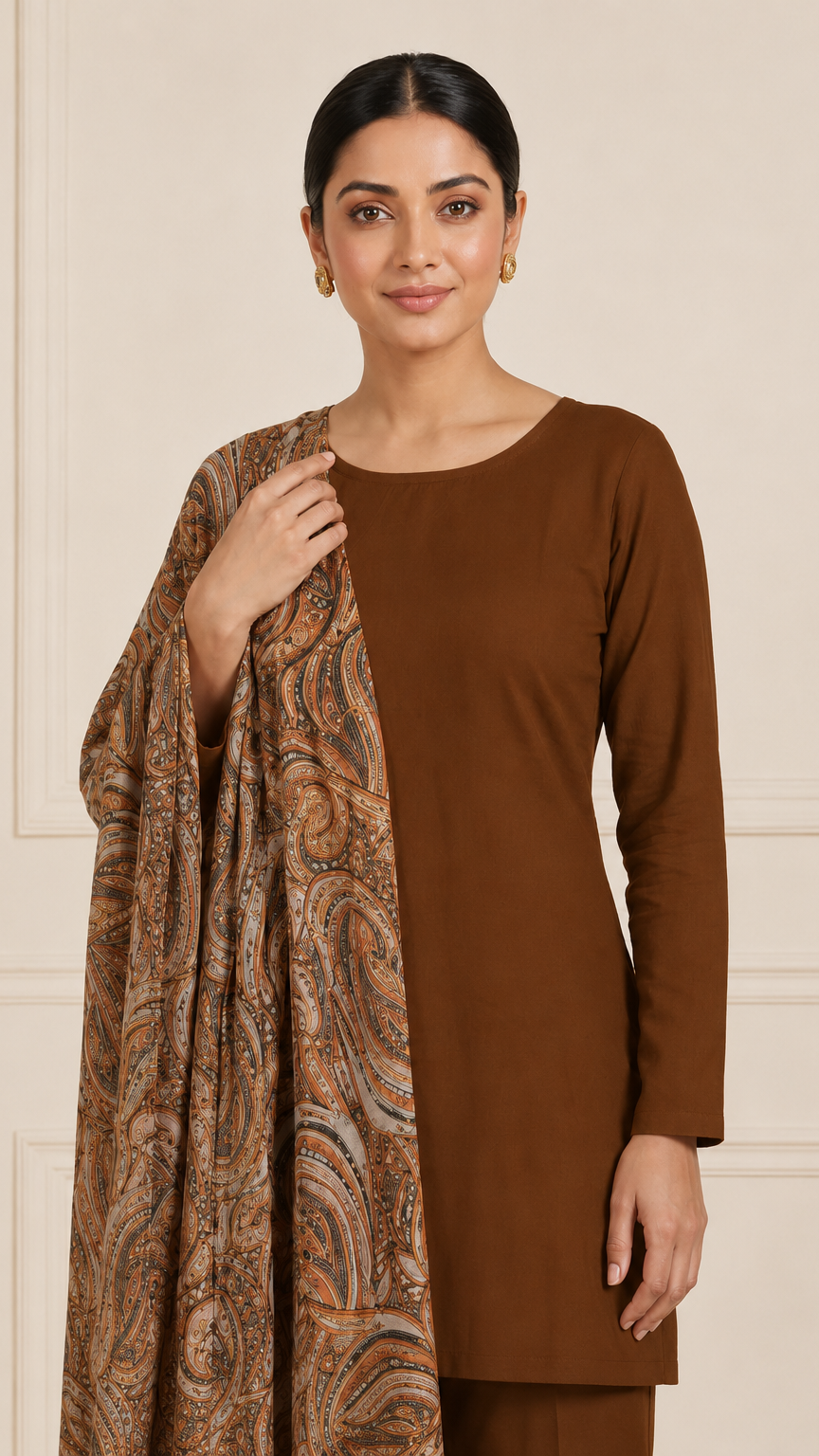 Buy heavy rust orange kurta trouser set with paisley printed dupatta online at Diya Online